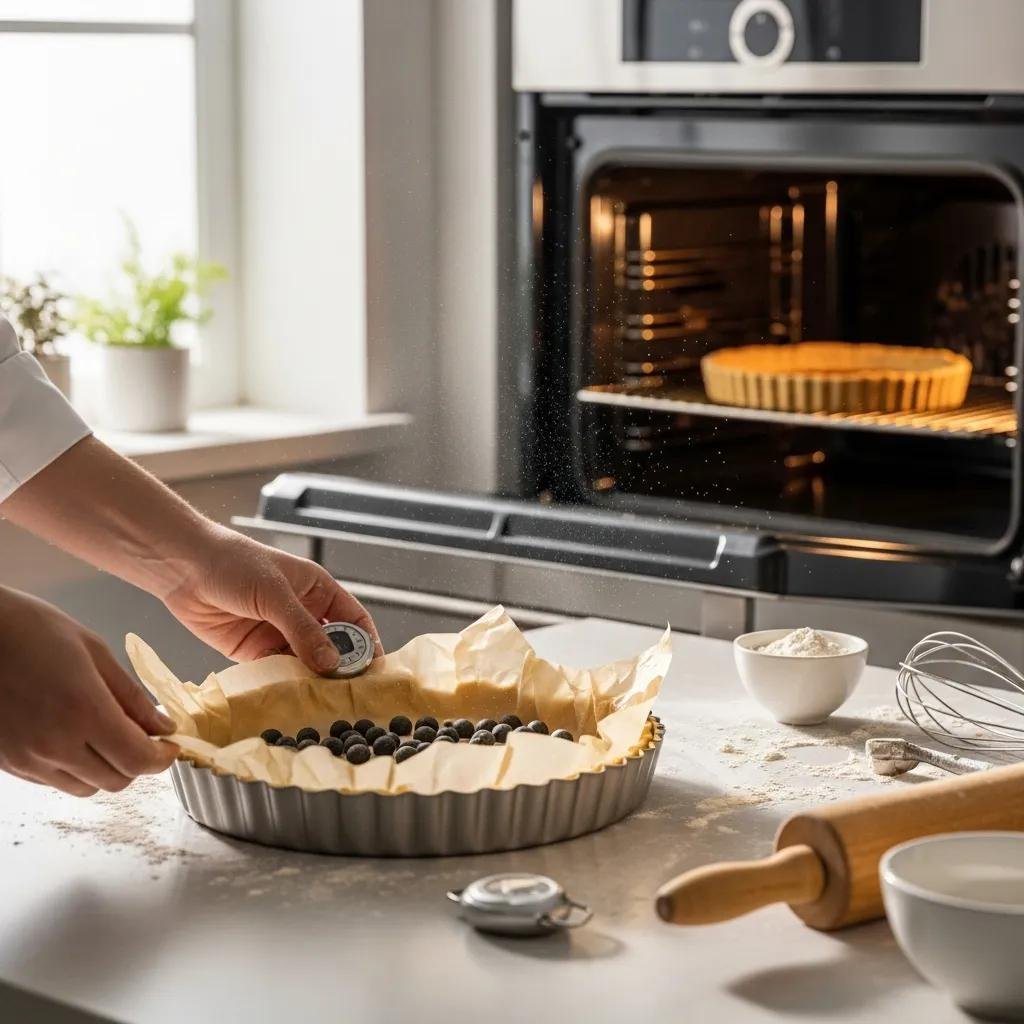 Baker blind baking a tart crust with pie weights in a bright kitchen