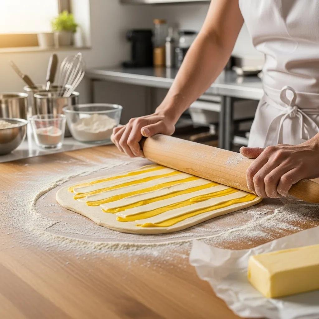 Baker demonstrating the lamination technique for croissant dough, highlighting the process of creating flaky layers
