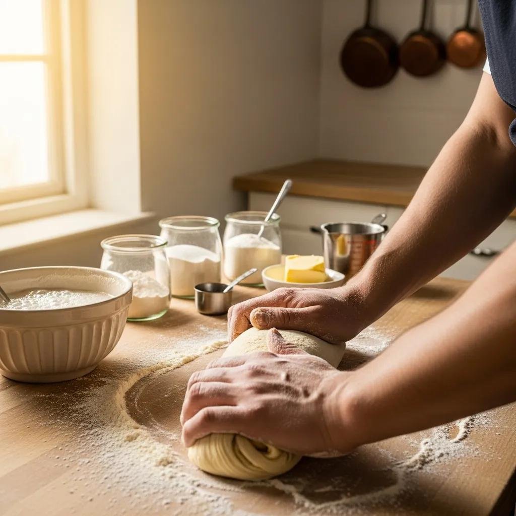 Baker kneading croissant dough with yeast in a bright kitchen