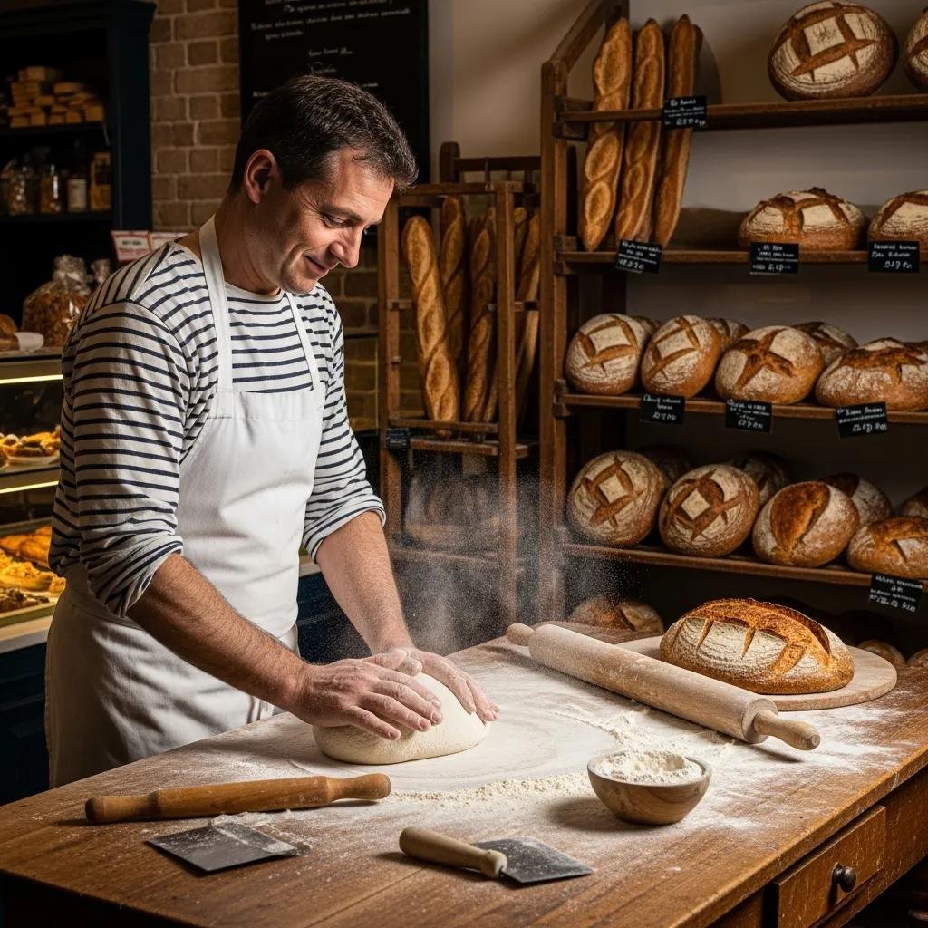 Baker kneading dough in a traditional French bakery, showcasing authentic artisan baking techniques