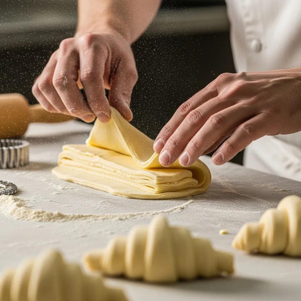 Baker laminating dough for croissants, highlighting traditional French baking techniques and craftsmanship