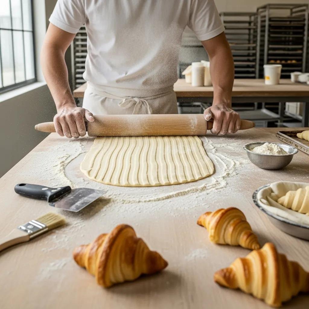 Baker laminating dough with T45 flour, highlighting flaky croissant layers in a bright kitchen