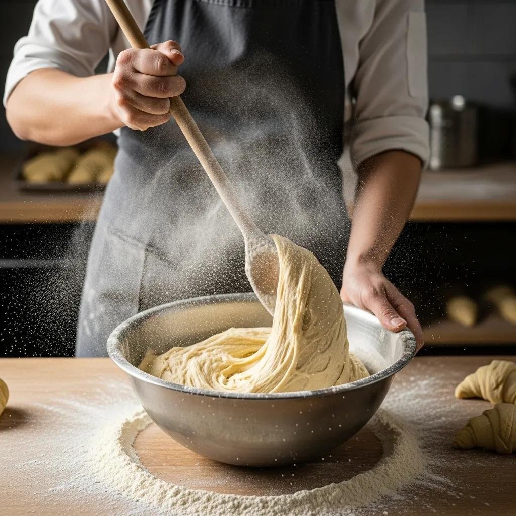 Baker mixing croissant dough in a bowl with flour and a wooden spoon