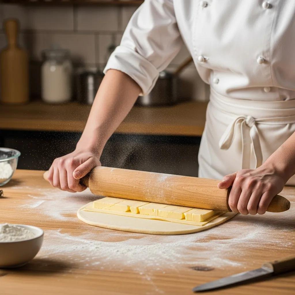 Baker rolling out dough with cold butter for lamination, capturing the essence of traditional French pastry-making