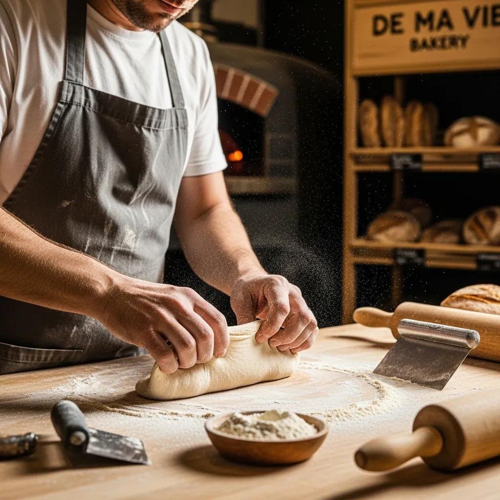 Baker shaping Fougasse dough in a traditional bakery setting