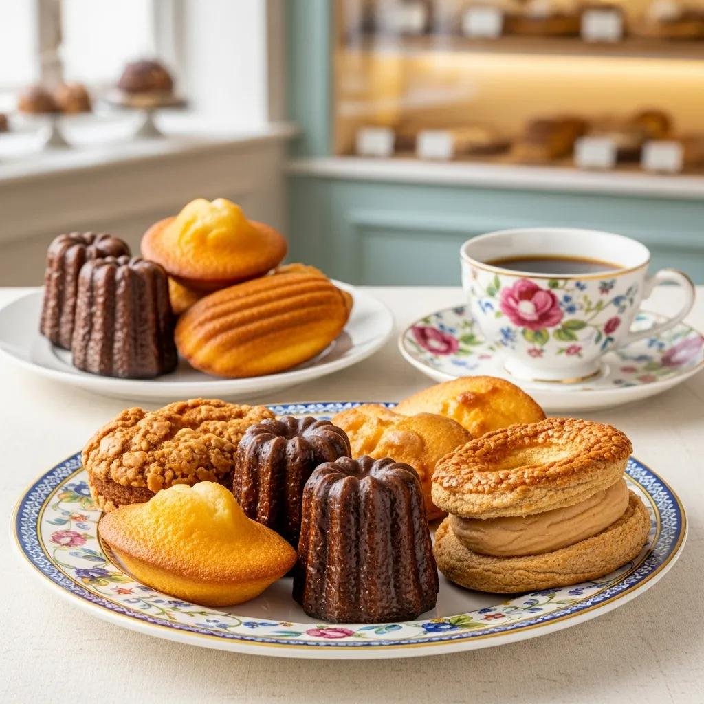 Canelé, madeleine, and Paris-Brest with floral coffee representing unique pastry pairings