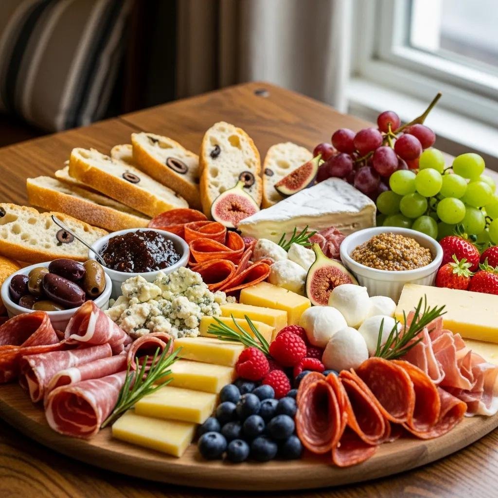 Charcuterie board with Fougasse, cheeses, and cured meats