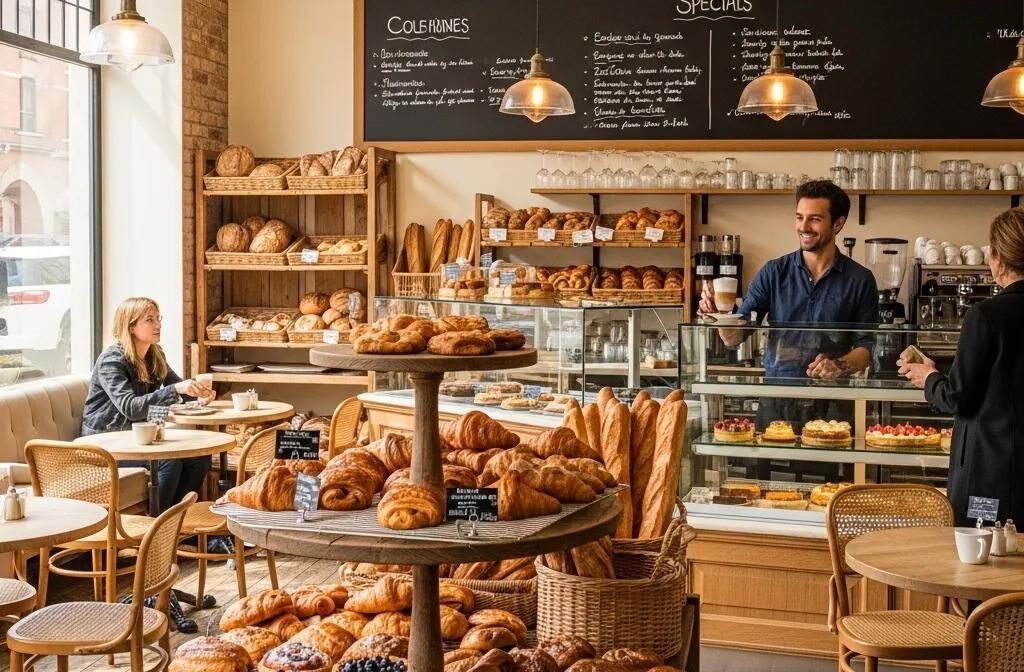 Charming French bakery interior with pastries and a barista serving coffee
