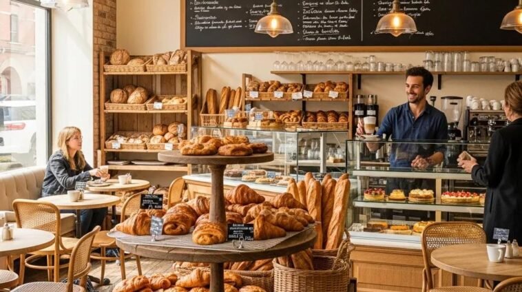 Charming French bakery interior with pastries and a barista serving coffee