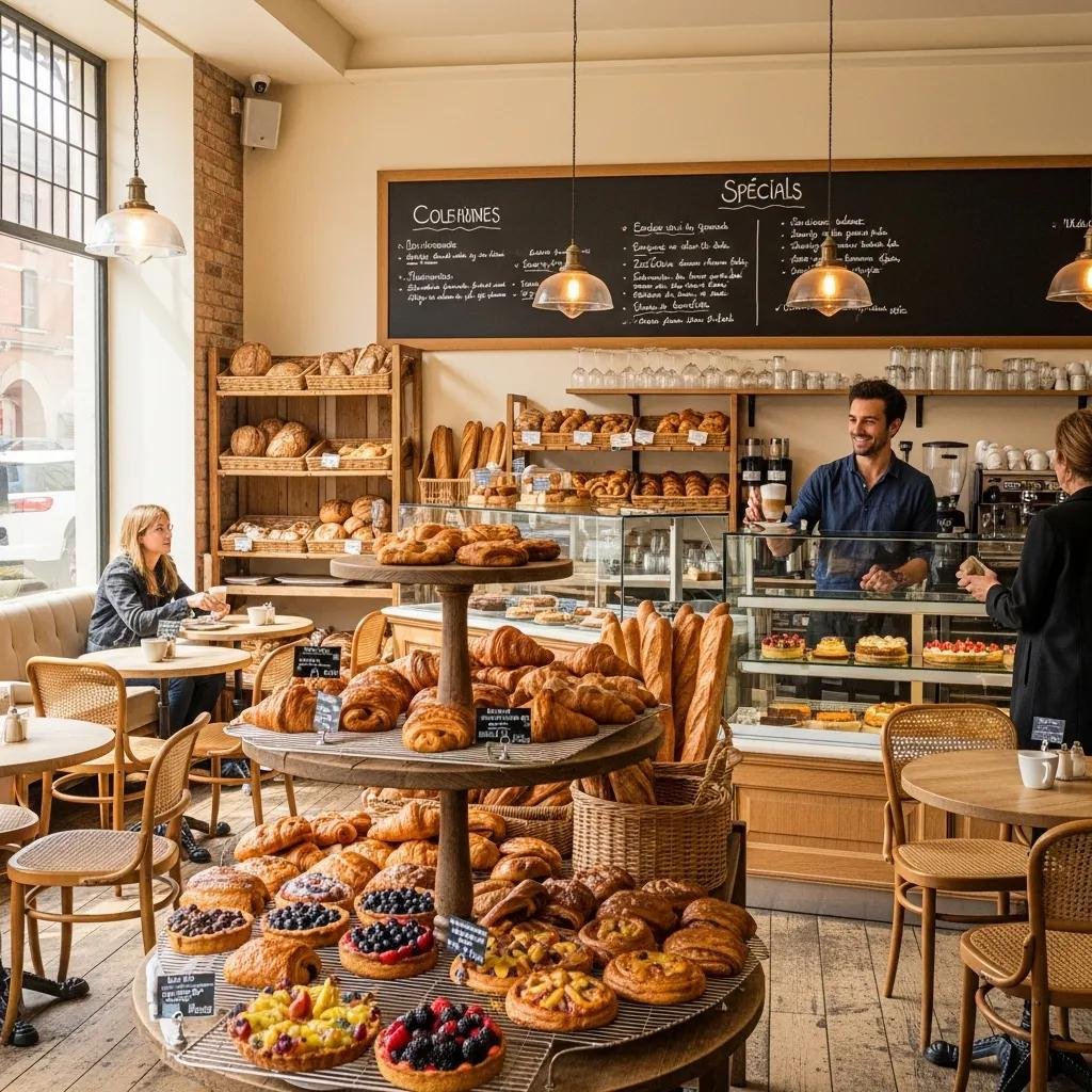 Charming French bakery interior with pastries and a barista serving coffee