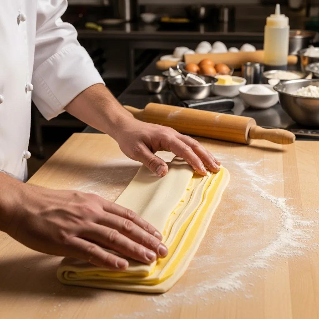 Chef laminating dough for croissants in a professional kitchen setting