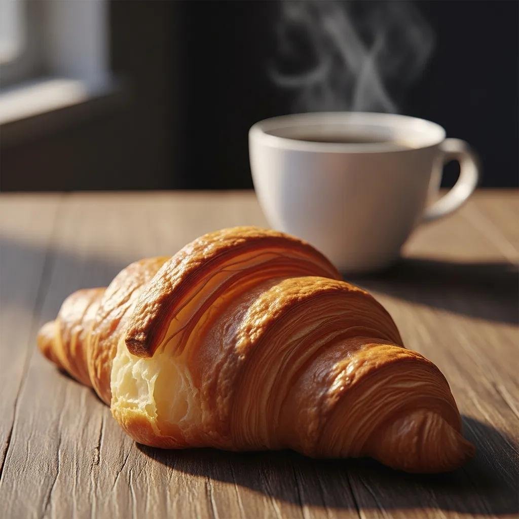 Close-up of a flaky gluten-free croissant on a rustic wooden table with a cup of coffee in the background