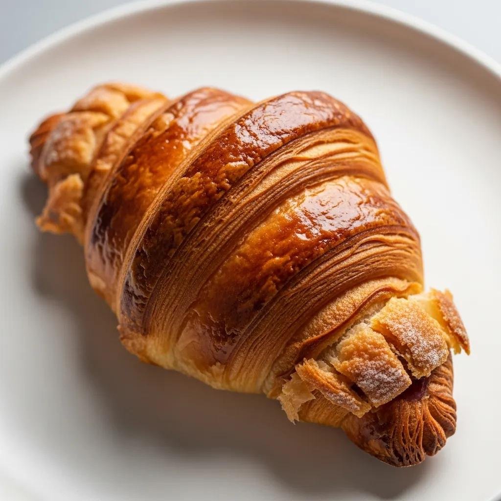Close-up of a freshly baked croissant on a white plate, highlighting its flaky layers and golden-brown crust