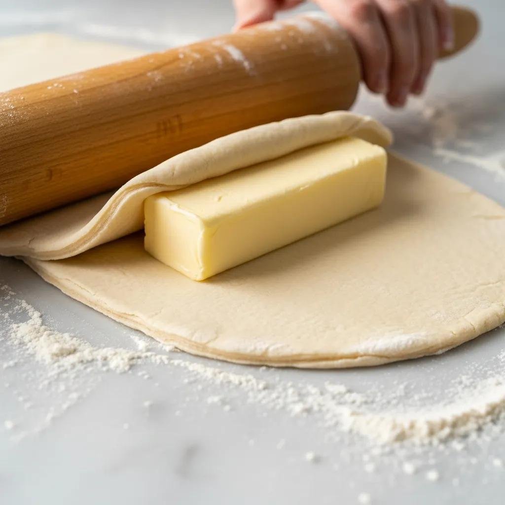 Close-up of croissant dough being laminated with butter on a marble countertop