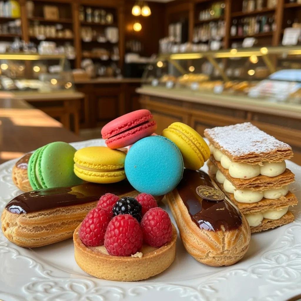 Close-up of signature French pastries including colorful macarons, éclairs, and mille-feuille on a decorative plate
