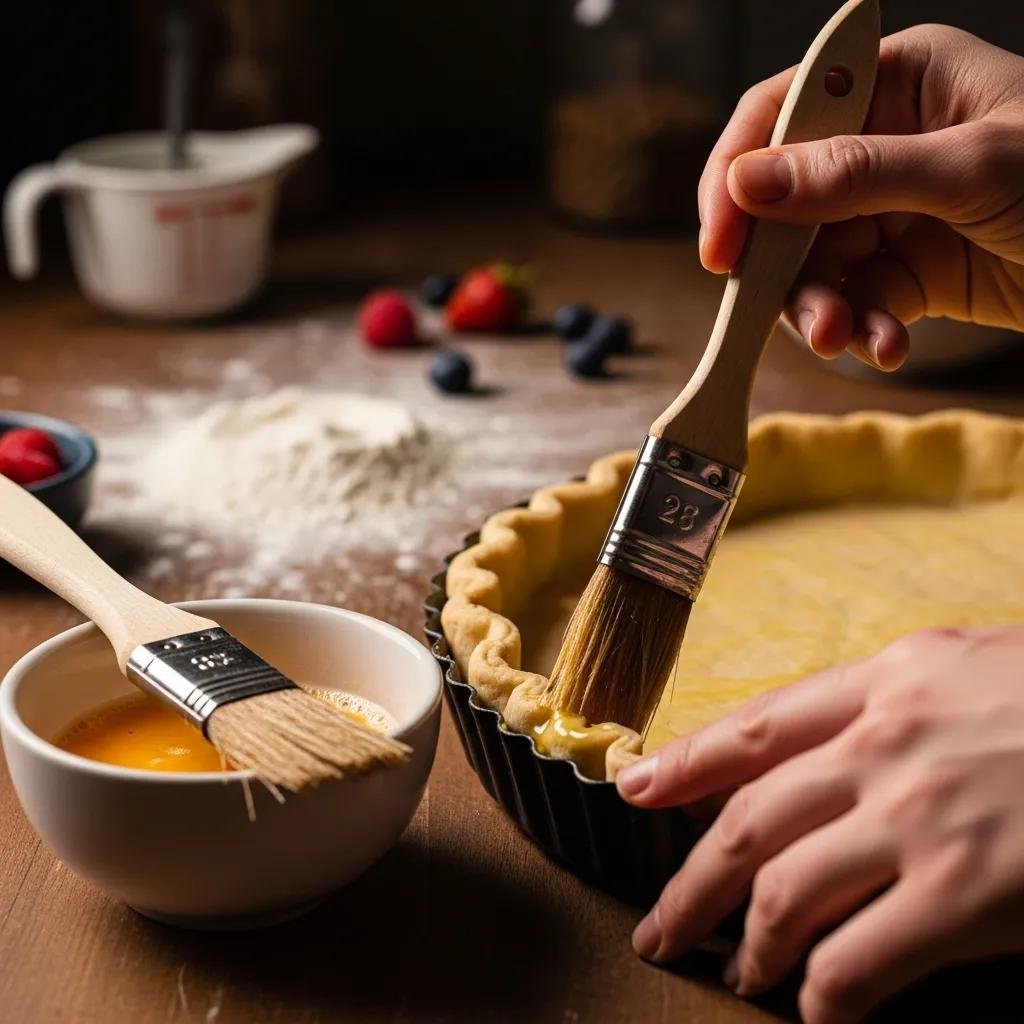 Close-up of tart crust being brushed with egg wash in a rustic kitchen