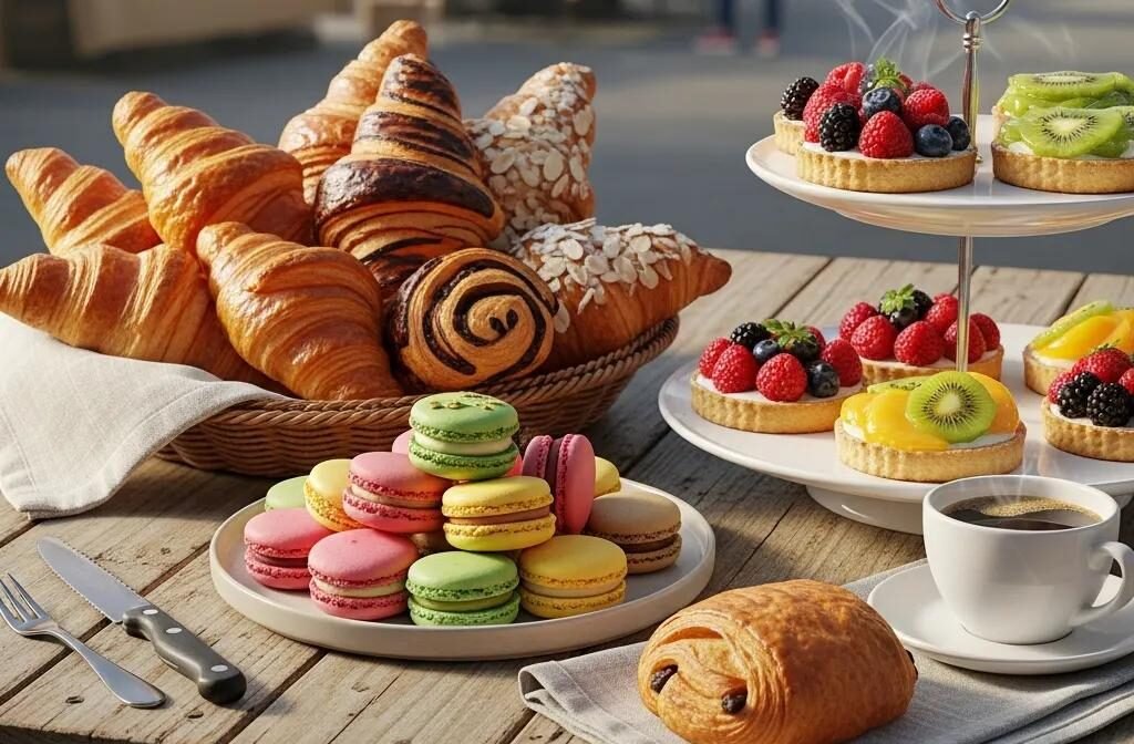 Colorful display of authentic French pastries including croissants, macarons, and tarts at a bakery stall