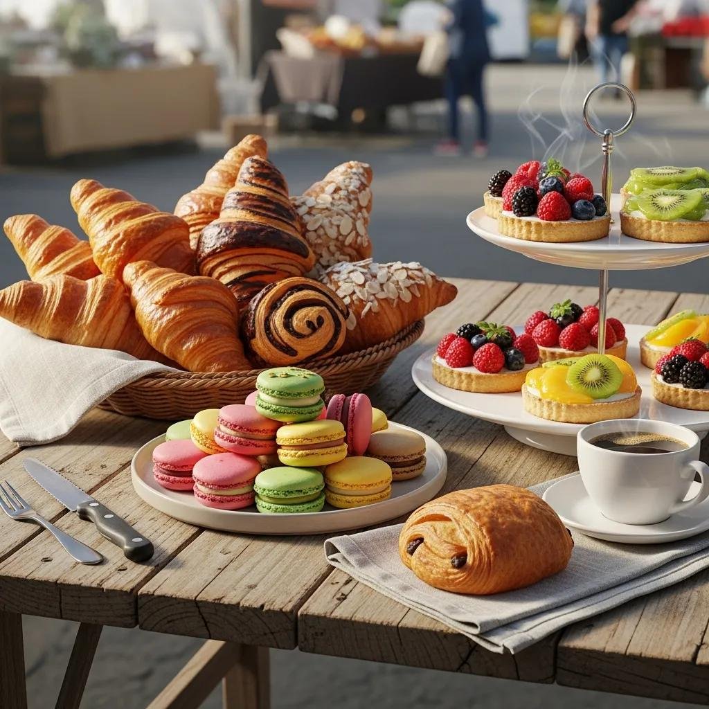 Colorful display of authentic French pastries including croissants, macarons, and tarts at a bakery stall