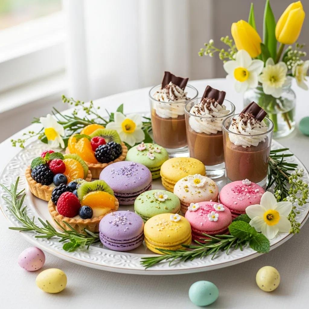 Colorful Easter macarons arranged on a platter with fruit tarts and chocolate mousse, garnished with fresh flowers