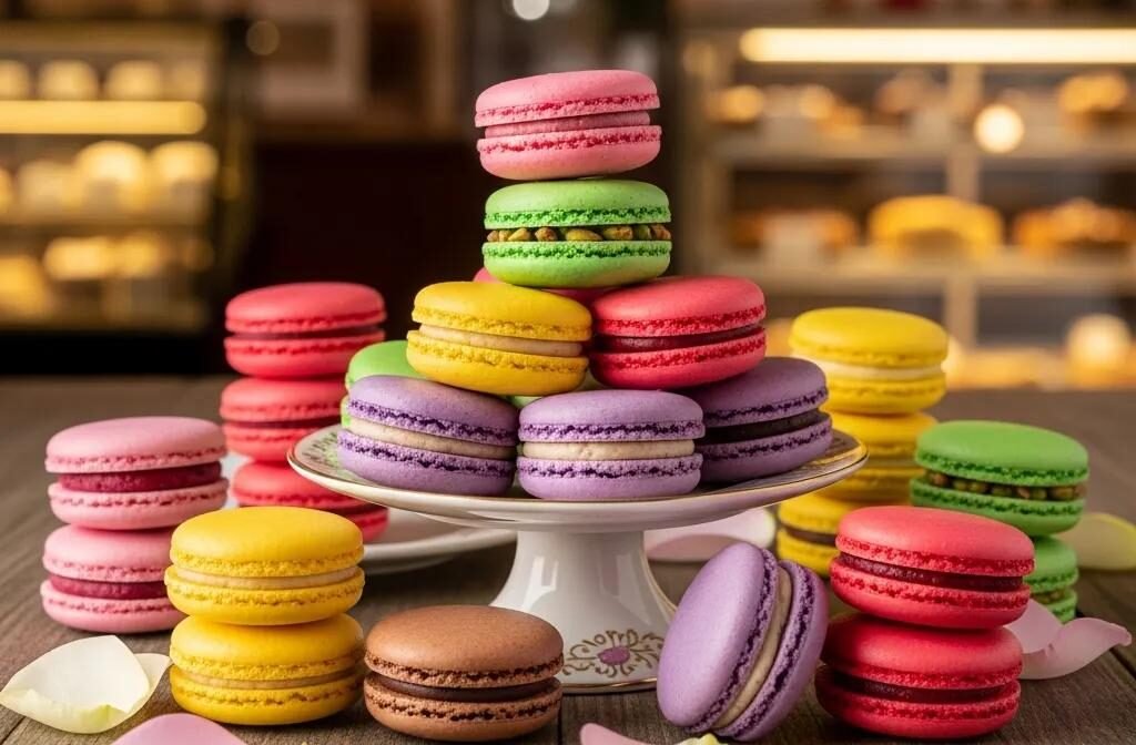 Colorful French macarons displayed in a charming bakery setting, showcasing their delicate textures and vibrant colors