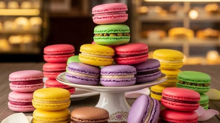 Colorful French macarons displayed in a charming bakery setting, showcasing their delicate textures and vibrant colors