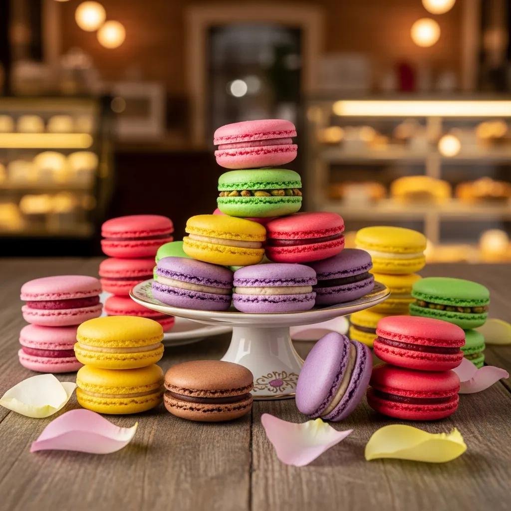 Colorful French macarons displayed in a charming bakery setting, showcasing their delicate textures and vibrant colors