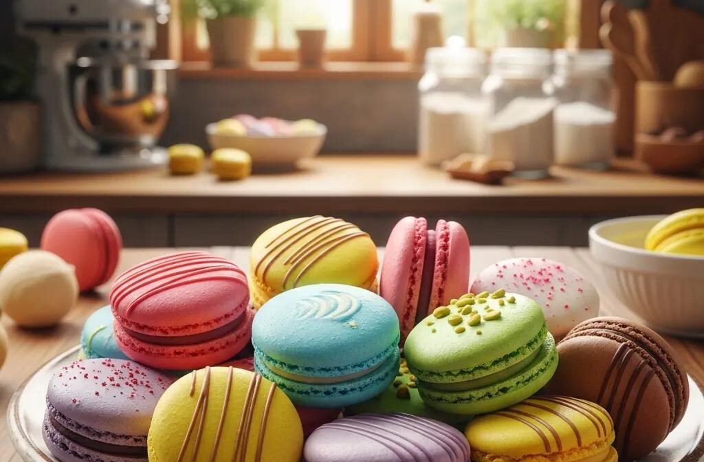 Colorful French macarons on a plate in a cozy kitchen setting, highlighting the art of baking