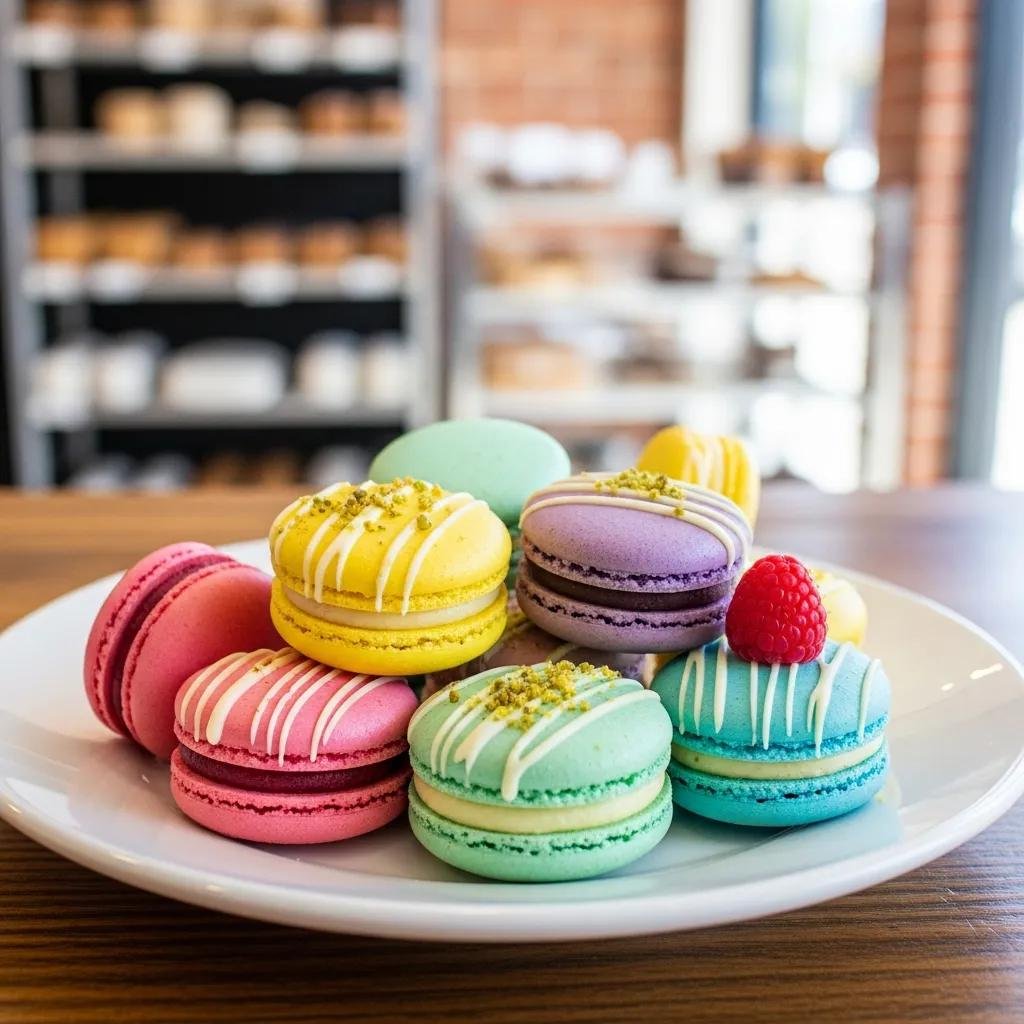 Colorful gluten-free macarons displayed on a porcelain plate in a bakery setting