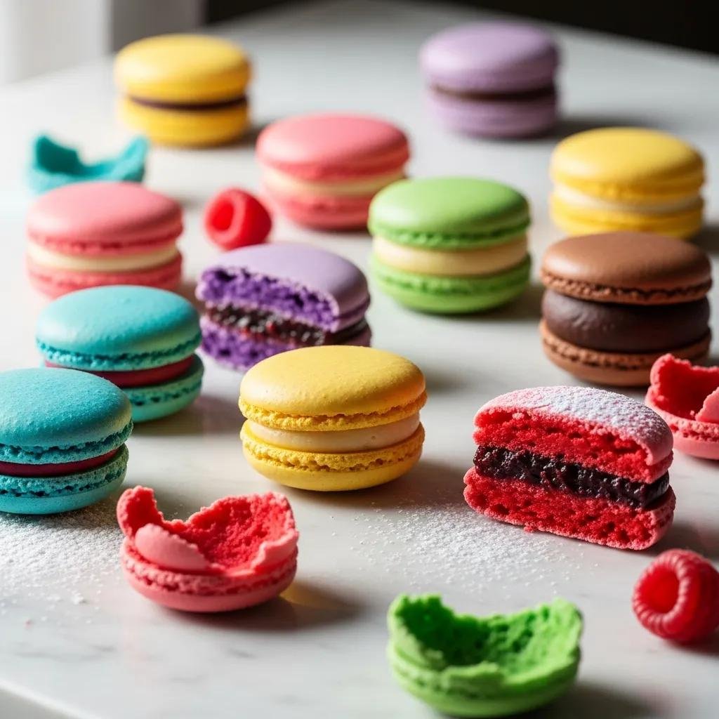 Colorful macarons on a marble countertop, some cut in half to show their creamy filling, emphasizing their delicate nature