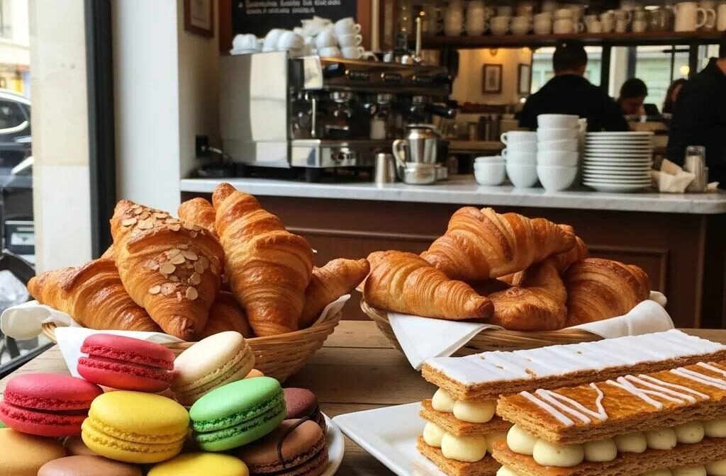 Colorful selection of authentic French pastries including macarons, croissants, and mille-feuille in a charming bakery setting