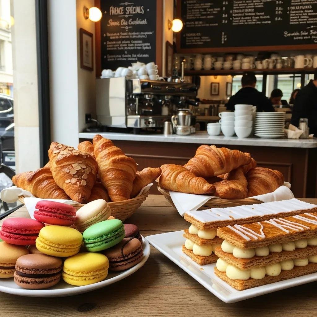 Colorful selection of authentic French pastries including macarons, croissants, and mille-feuille in a charming bakery setting