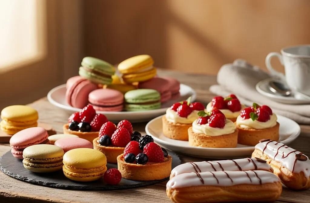 Colorful sugar-free French desserts including macarons and éclairs displayed on a rustic table
