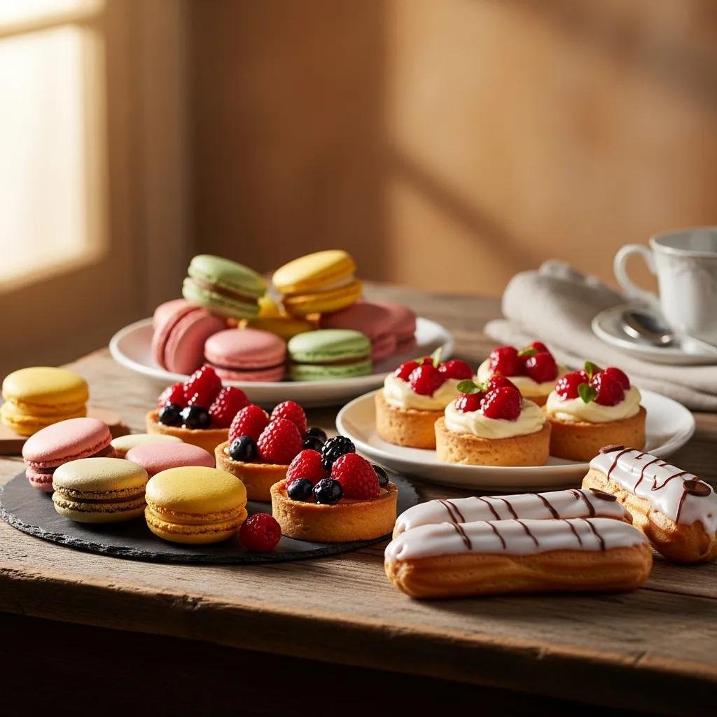 Colorful sugar-free French desserts including macarons and éclairs displayed on a rustic table