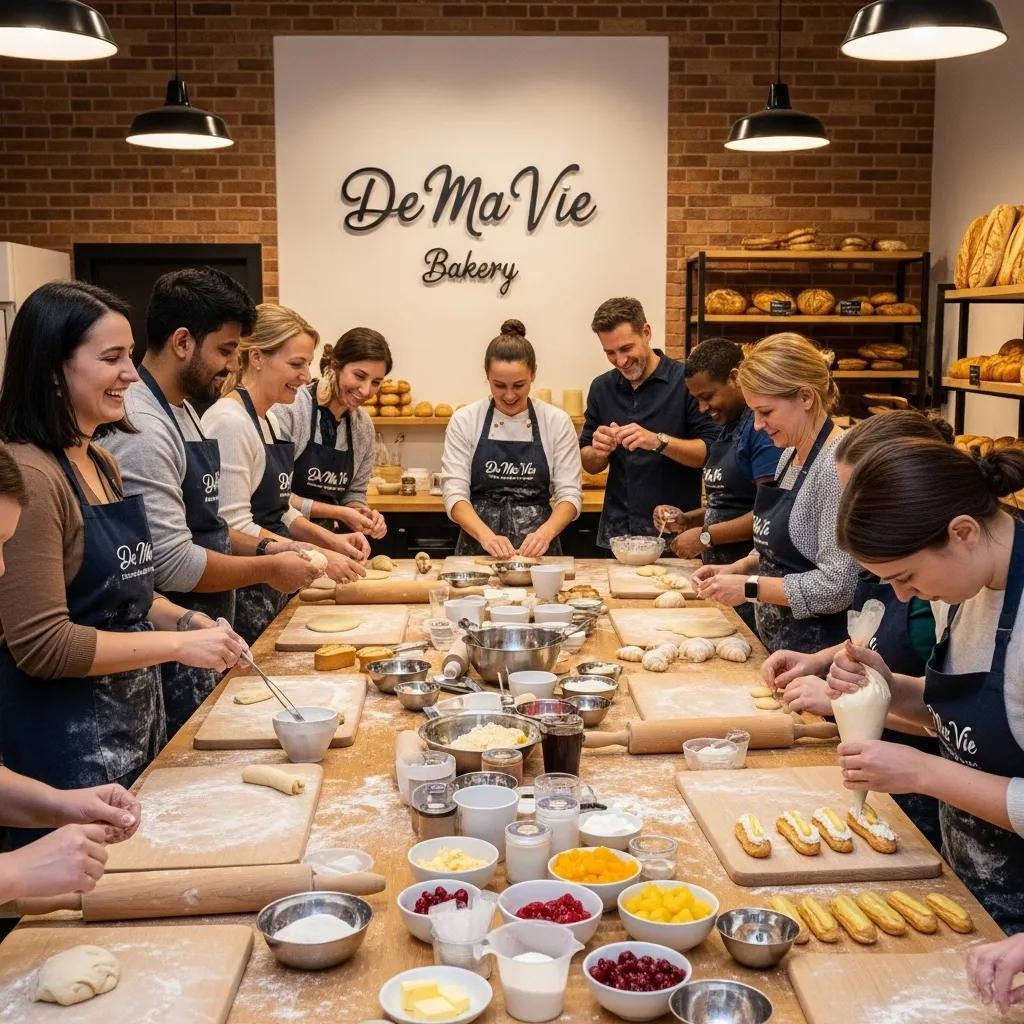 Community baking class at De Ma Vie Bakery with participants learning French pastries