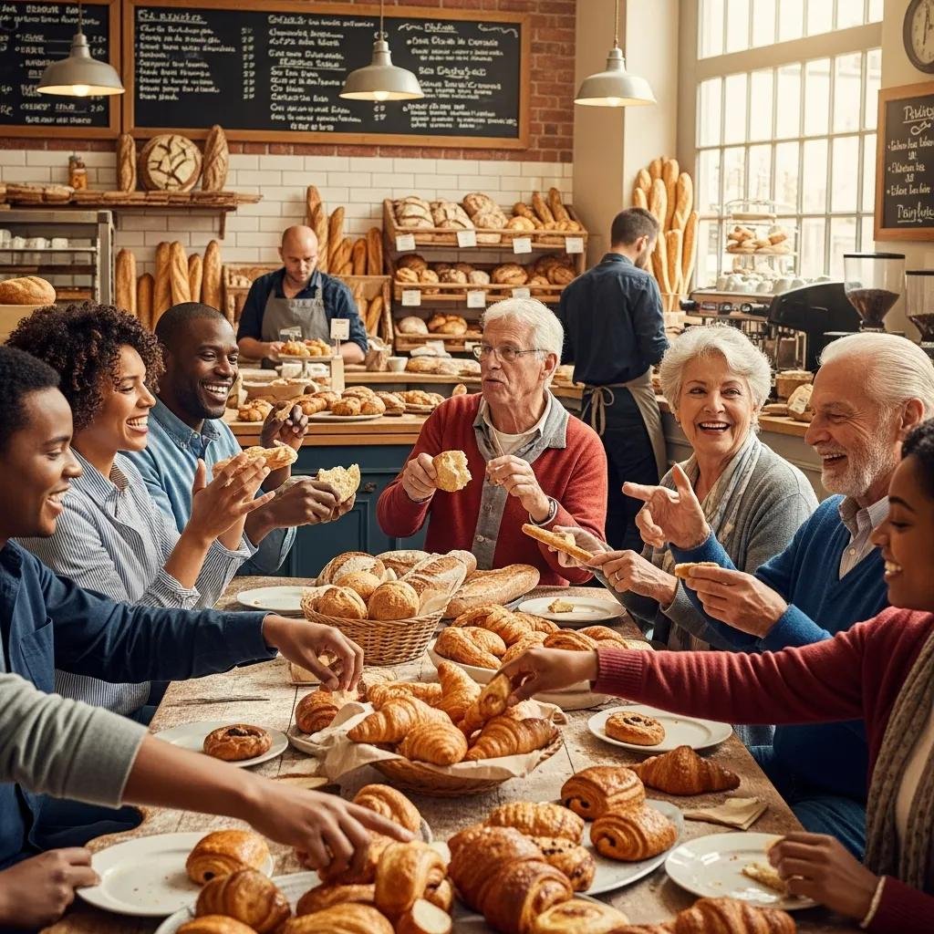 Community members enjoying freshly baked French bread at a local bakery, highlighting the social connections fostered by bread