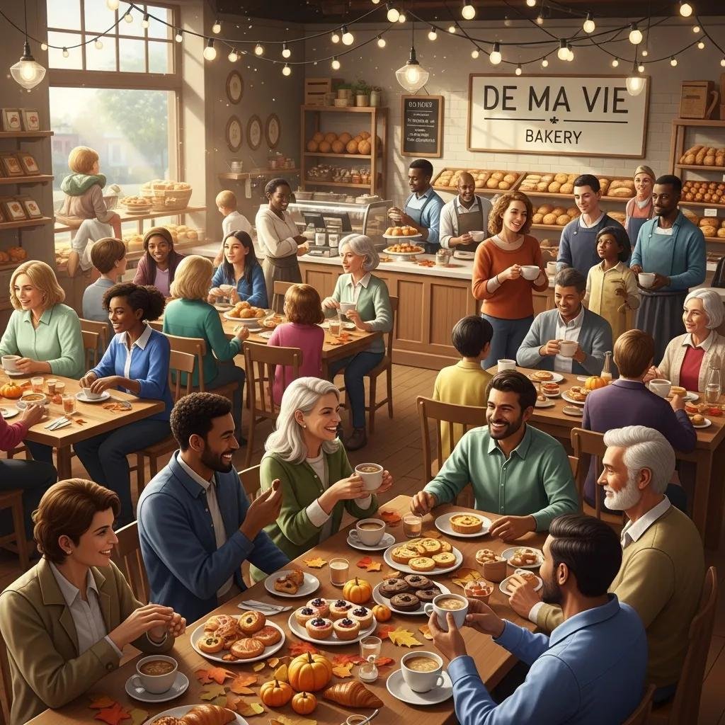 Community members enjoying pastries and coffee at a lively event in De Ma Vie Bakery