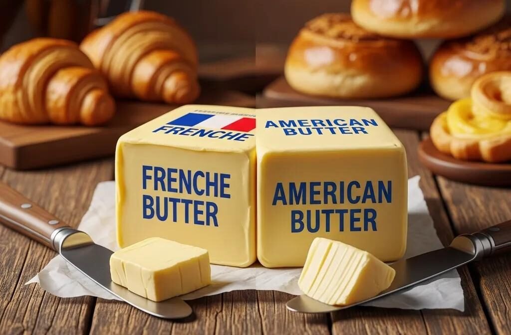Comparison of French butter and American butter on a rustic table with pastries