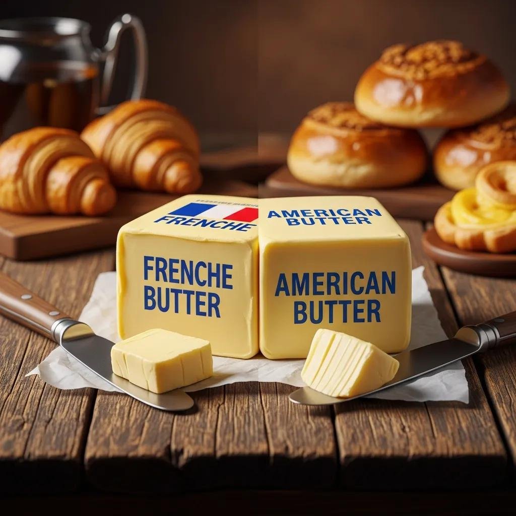 Comparison of French butter and American butter on a rustic table with pastries