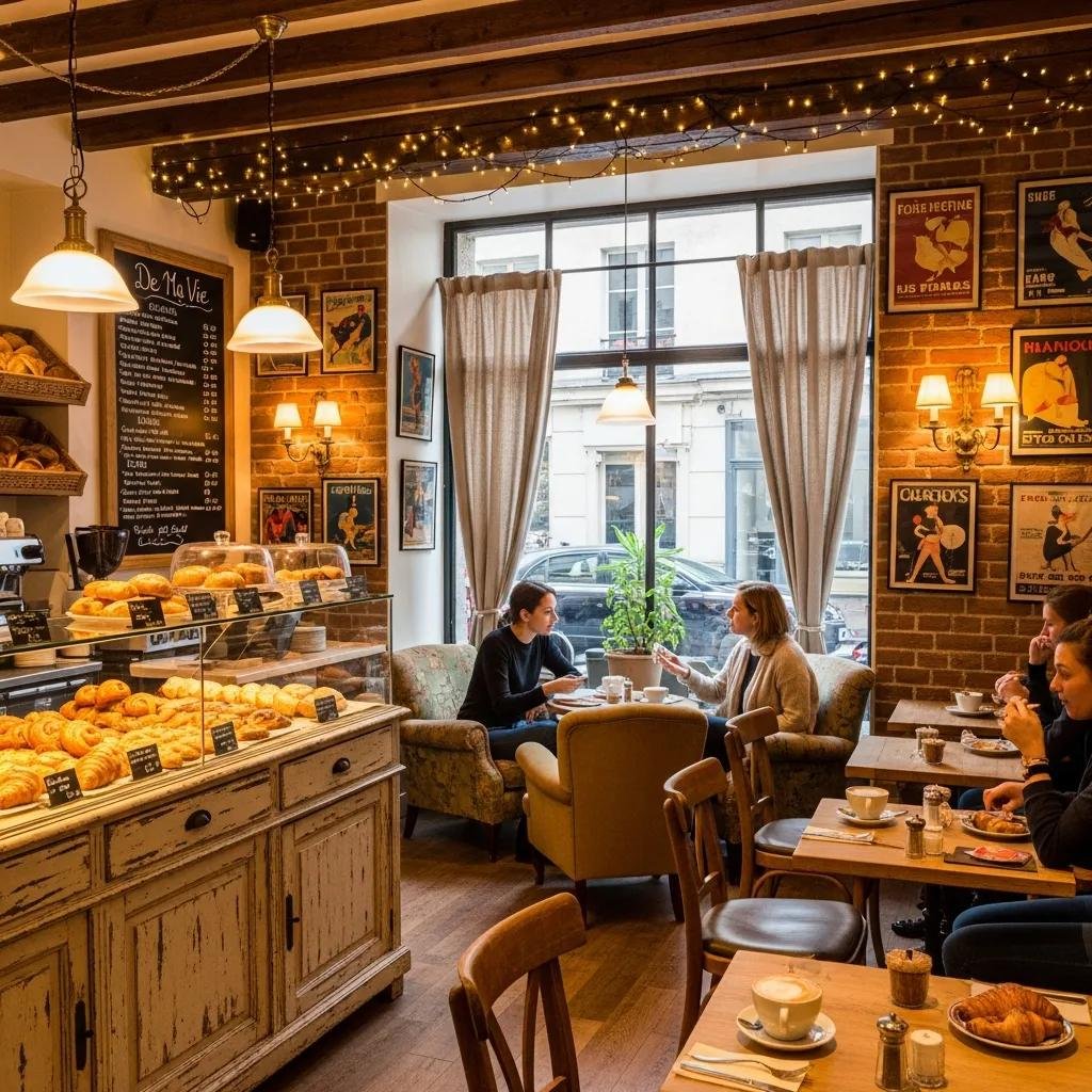 Cozy interior of De Ma Vie Bakery with comfortable seating and warm lighting, showcasing a Parisian café atmosphere