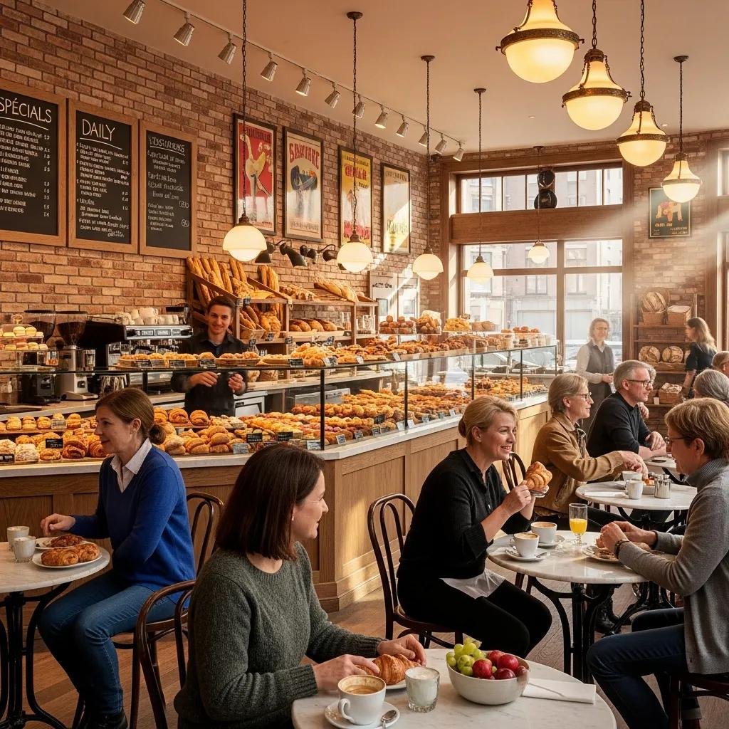 Cozy interior of De Ma Vie Bakery with customers enjoying breakfast in a Parisian ambiance