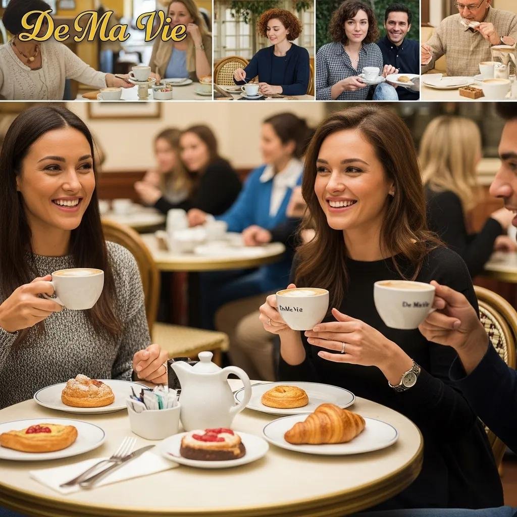 Customers enjoying coffee and pastries in a cozy French bakery café setting