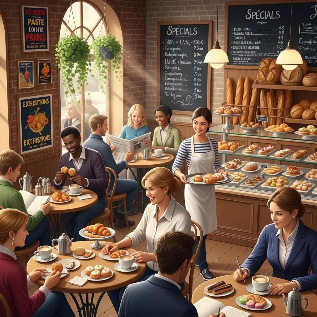 Customers enjoying pastries and coffee in a cozy French bakery café atmosphere