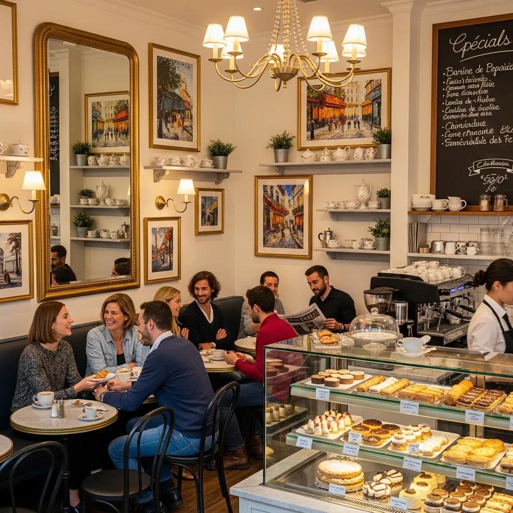 Customers enjoying pastries in a cozy Parisian-style café atmosphere