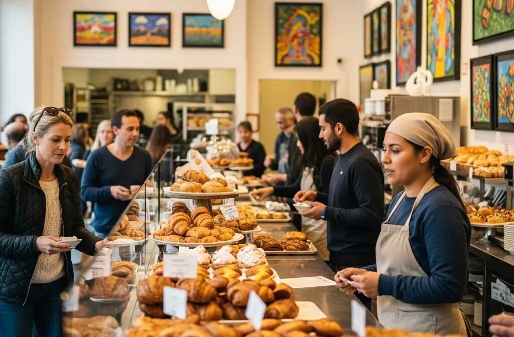 De Ma Vie Bakery bustling with customers enjoying pastries and coffee, highlighting community engagement
