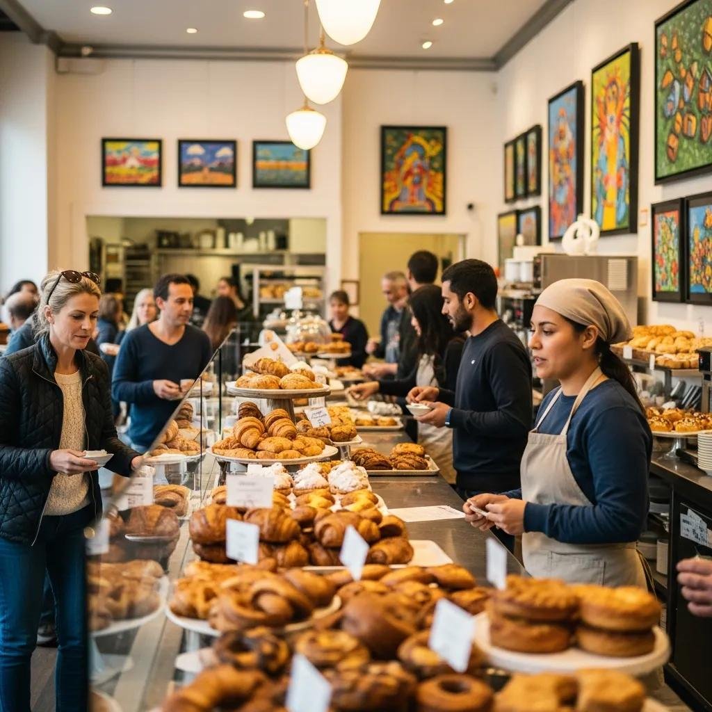 De Ma Vie Bakery bustling with customers enjoying pastries and coffee, highlighting community engagement