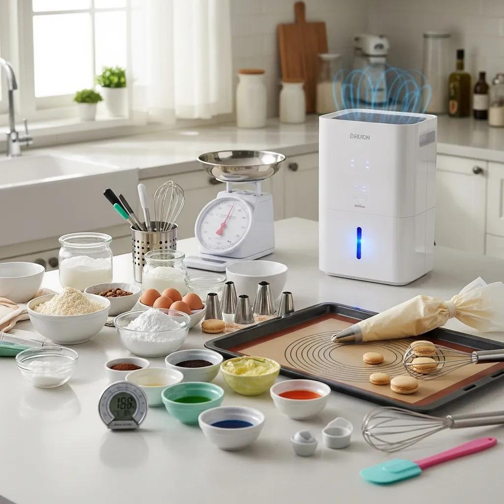 Dehumidifier in a kitchen next to baking tools and ingredients for macarons, emphasizing humidity control