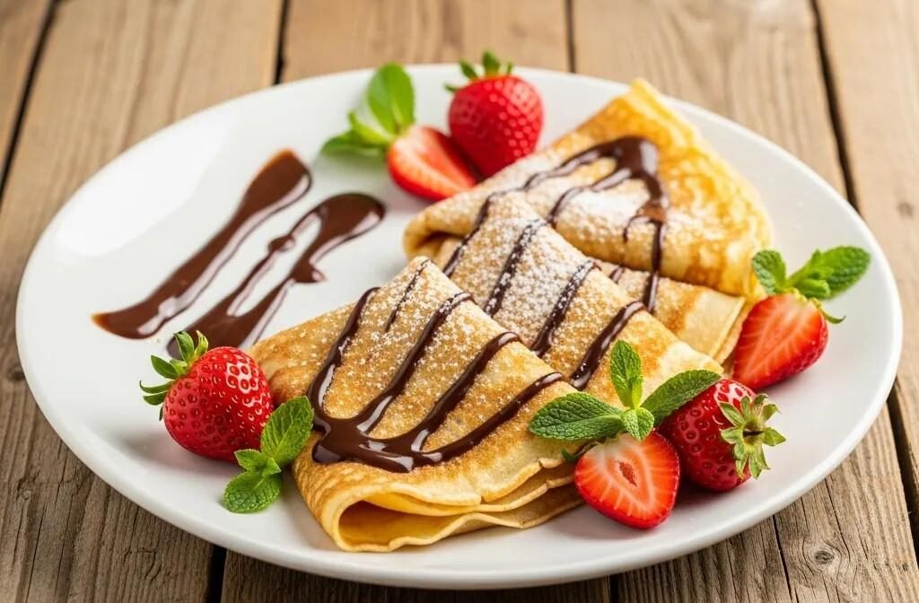 Delicious French crêpes topped with chocolate sauce and fresh strawberries