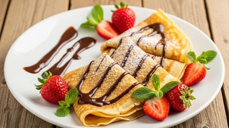 Delicious French cr&ecirc;pes topped with chocolate sauce and fresh strawberries