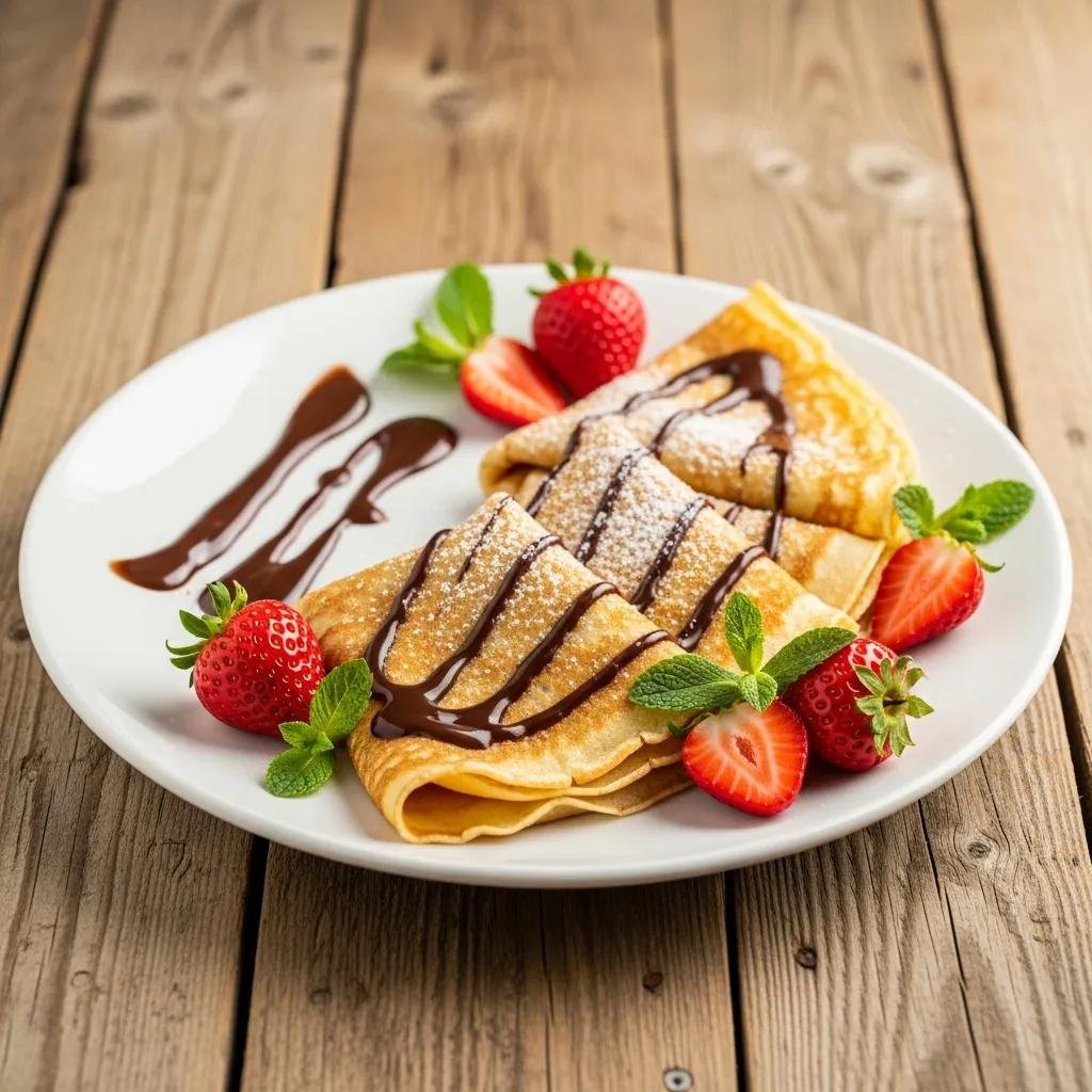 Delicious French crêpes topped with chocolate sauce and fresh strawberries