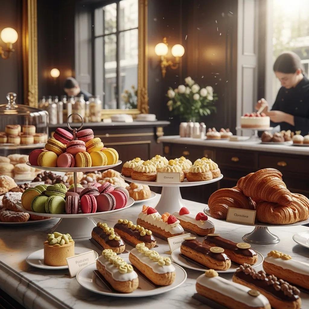 Display of classic French pastries in a Parisian patisserie, highlighting culinary artistry